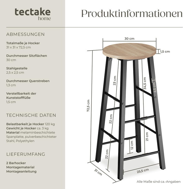 tectake Barhocker 2er-Set, runder Bistrohocker im Industrie-Design, 72,5cm hoch, Vintage Barstühle m