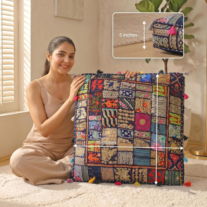 THE ART BOX 88 x 88 x 12 cm, Vintage-Patchwork, grosses Outdoor-Kissen, grosses Hundebett, Gartendek