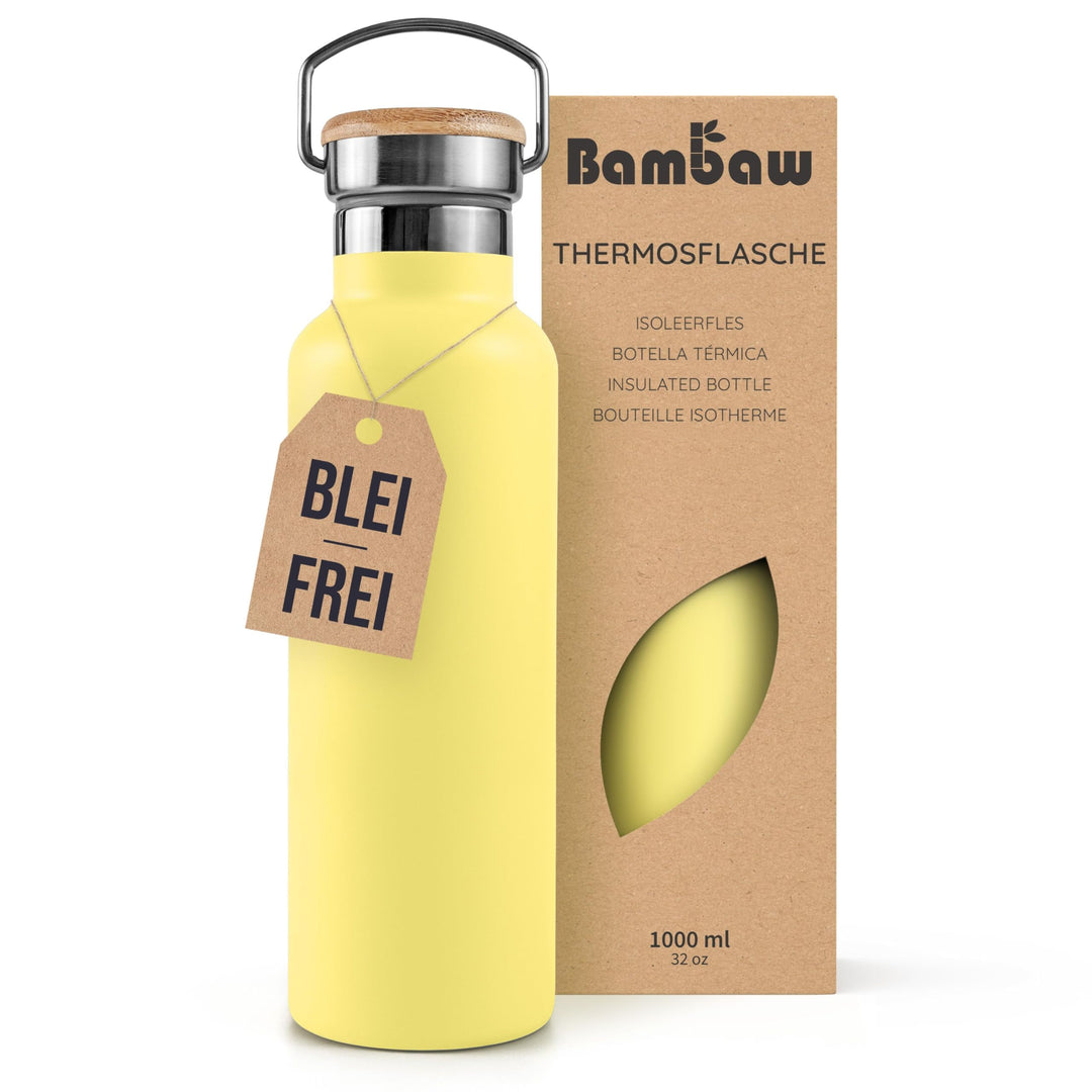 Bambaw Thermosflasche 1 Liter, Trinkflasche Gelb, Edelstahl Trinkflasche, Trinkflasche 1l Spülmaschi