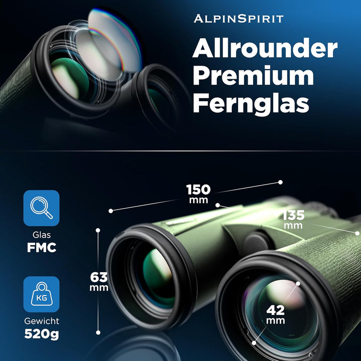 AlpinSpirit© Fernglas 8x42 inkl. Hardcase & Zubehör (Testsieger) – geeignet für Brillenträger - komp