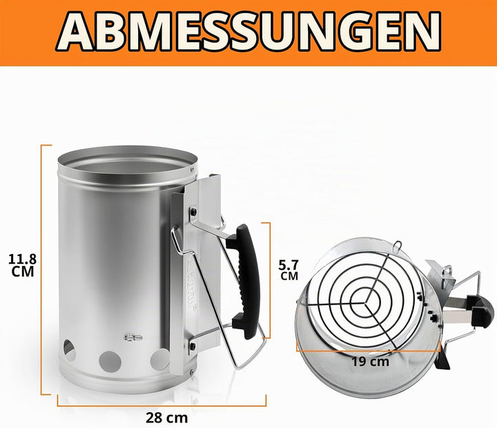 Anzündkamin, XL 19X30cm BBQ Grillanzünder Kamin, Verzinkter Stahl Anzündkamin mit Griff für Holzkohl