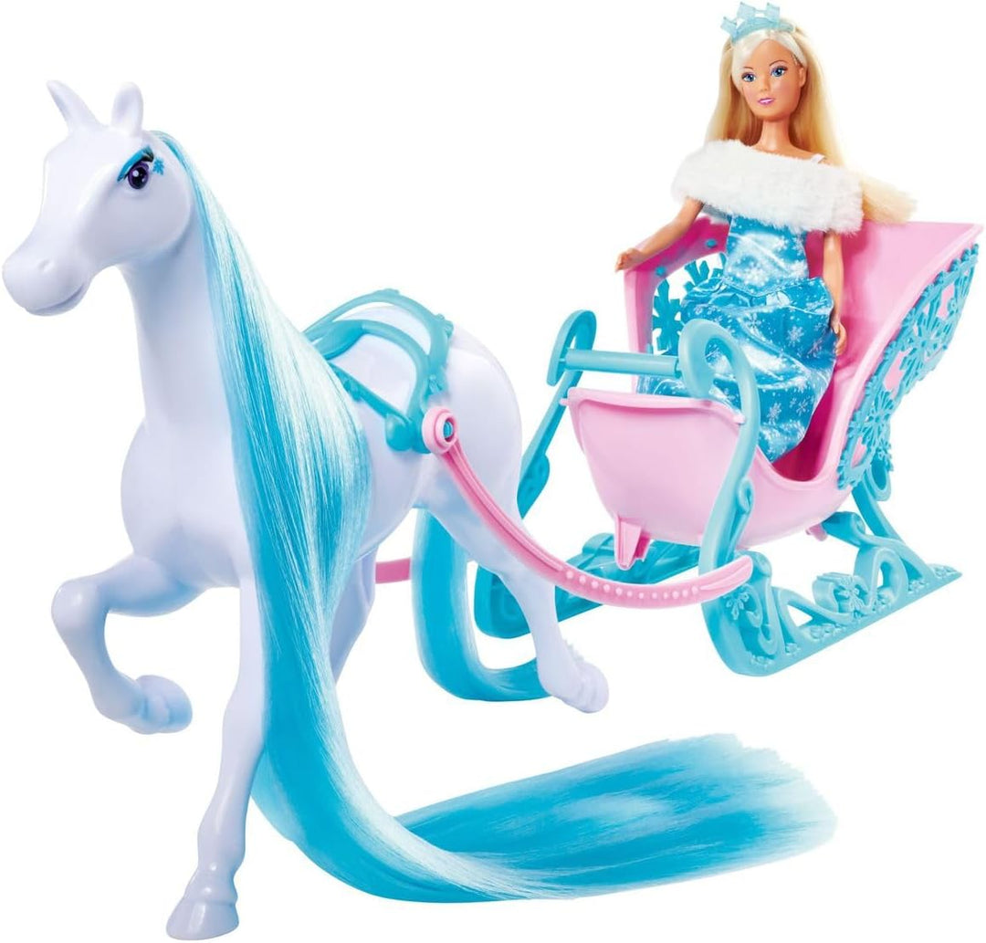 Simba 105733522 - Steffi Love Snow Dream, Märchenhafter Schlitten mit Pferd und Steffi als Eisprinze