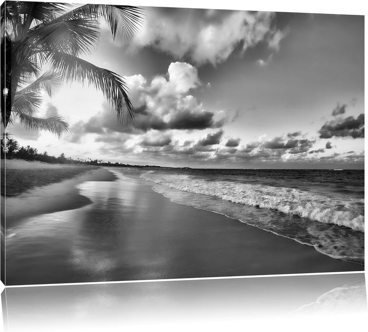 Pixxprint Monocrome, Strand Meer Sonnenuntergang Steine Sand, Format: 100x70 auf Leinwand, XXL riesi