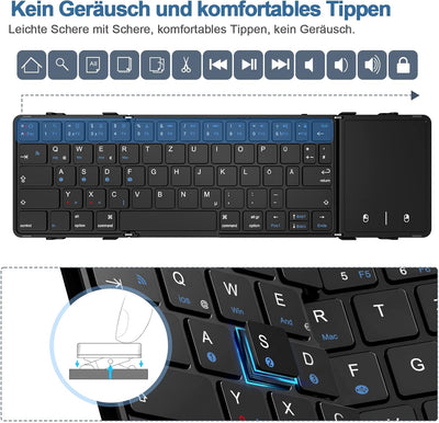 Bluetooth-Tastatur, faltbar, mit Touchpad, kabellose Falttastatur (Bluetooth-Verbindung + USB-Kabelv