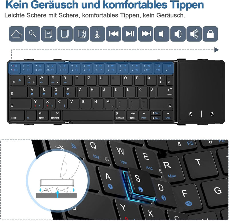 Bluetooth-Tastatur, faltbar, mit Touchpad, kabellose Falttastatur (Bluetooth-Verbindung + USB-Kabelv
