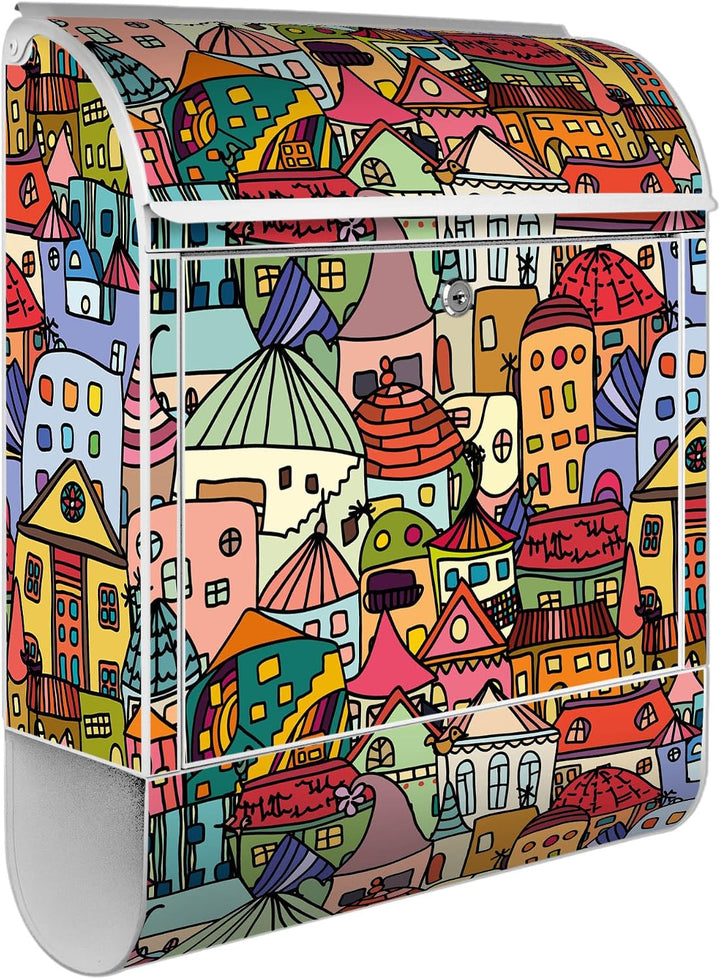 banjado® Design Briefkasten mit Motiv Funky Town 39x47x14cm &amp; 2 Schlüssel - Briefkasten Stahl weiss