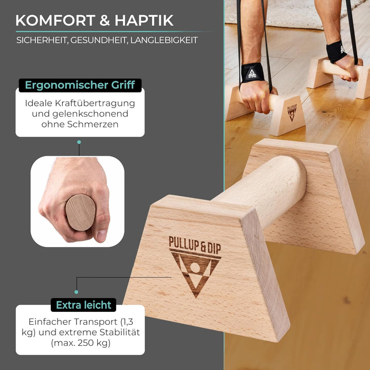 PULLUP & DIP Liegestützgriffe Handstandgriffe mit rundem Holz Griff und hochbelastbarem Stahl - ruts