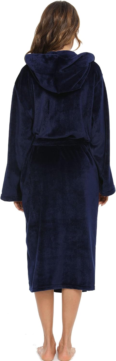 Vlazom Damen Winter Bademantel Flanell mit Kapuze Langärme Morgenmantel Saunamantel Flauschiger Robe