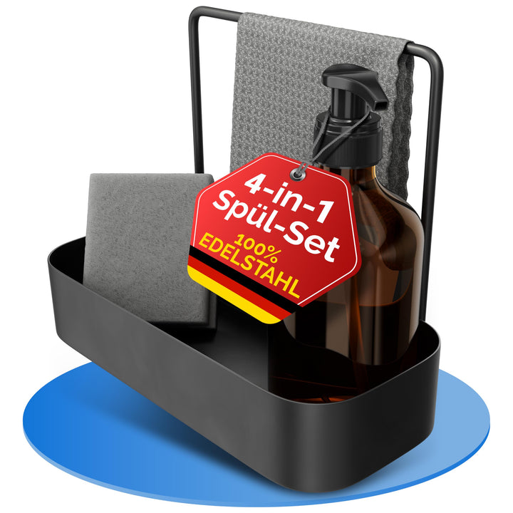 Spülbecken Organizer schwarz aus rostfreiem Edelstahl | Spüle Organizer mit Schwammhalter, Spüllappe