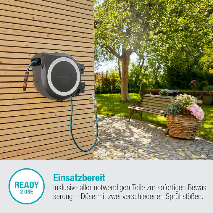 Gardena Wand-Schlauchbox RollUp L (weiss) 30 m: mit ecoPulse Spritze, Schwenkbare Schlauchbox, integ