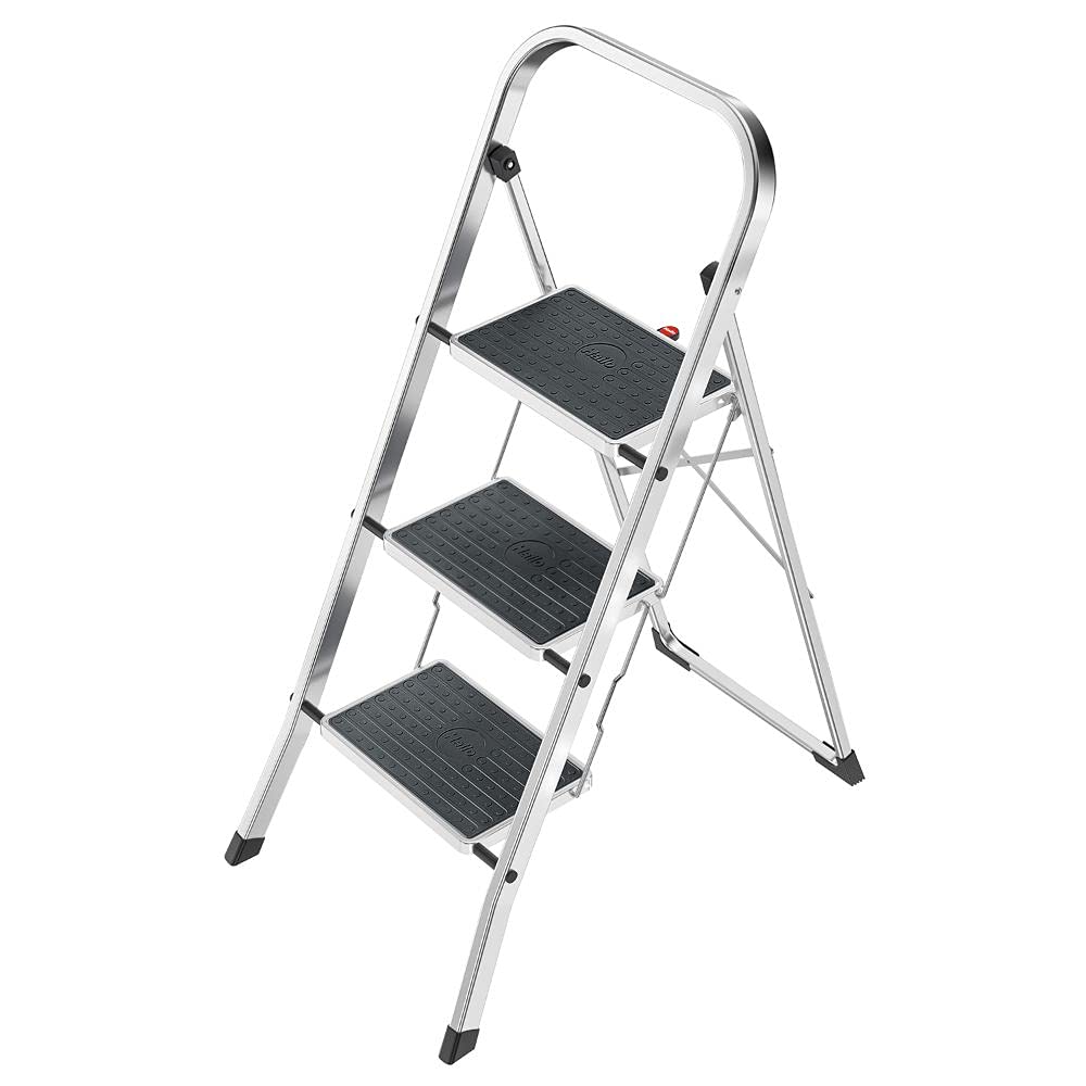 Hailo K70 StandardLine Alu-Klapptritt-Leiter - 3 grosse Stahl-Stufen mit Anti-Rutsch-Matten belastba