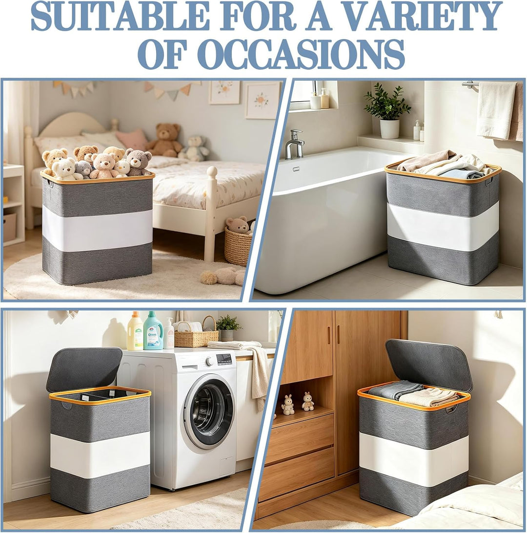 Verdego Wäschekorb mit Deckel, 2 Wäschesack, Wäschesammler, 102L, Grau | Laundry Basket Faltbarer, W