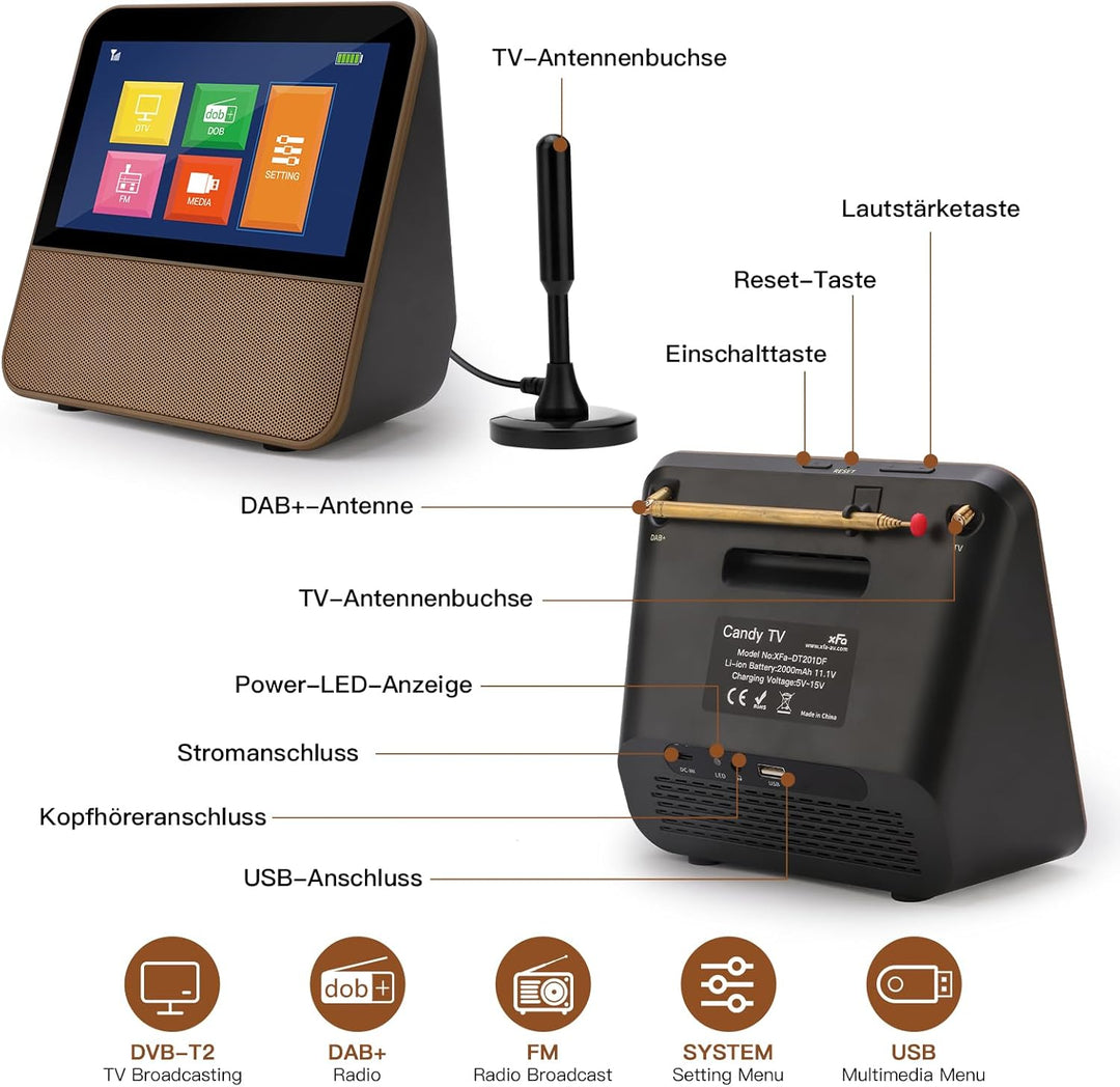 HassoKon Digitaler Tragbarer Fernseher DVB-T2, 1080P HD Mini TV DAB+,DSP Digitalfernsehen USB Mediap