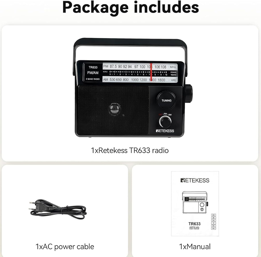 Retekess TR633 Tragbares Radio, AM FM -Radio -Netze und Batterie, Transistor, Kopfhörerbuchse, gross
