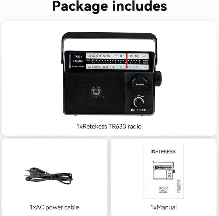 Retekess TR633 Tragbares Radio, AM FM -Radio -Netze und Batterie, Transistor, Kopfhörerbuchse, gross