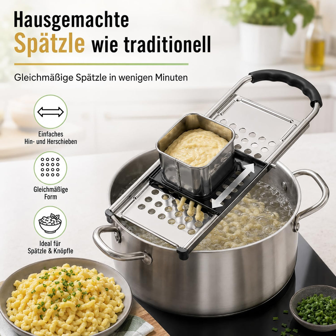 Edelstahl Spätzlehobel, Spätzlepresse mit Gummigriff, Spätzle Reibe, Spätzlehobel mit Teigschlitten,