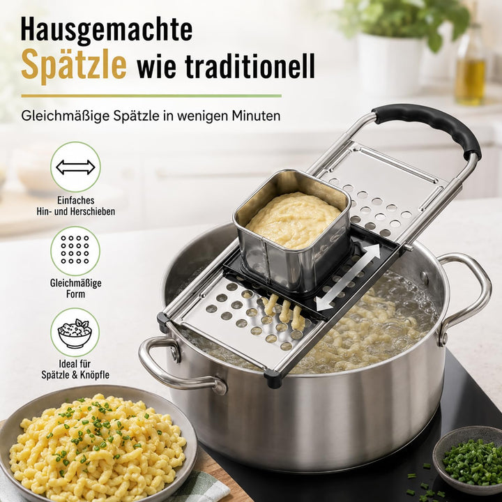 Edelstahl Spätzlehobel, Spätzlepresse mit Gummigriff, Spätzle Reibe, Spätzlehobel mit Teigschlitten,