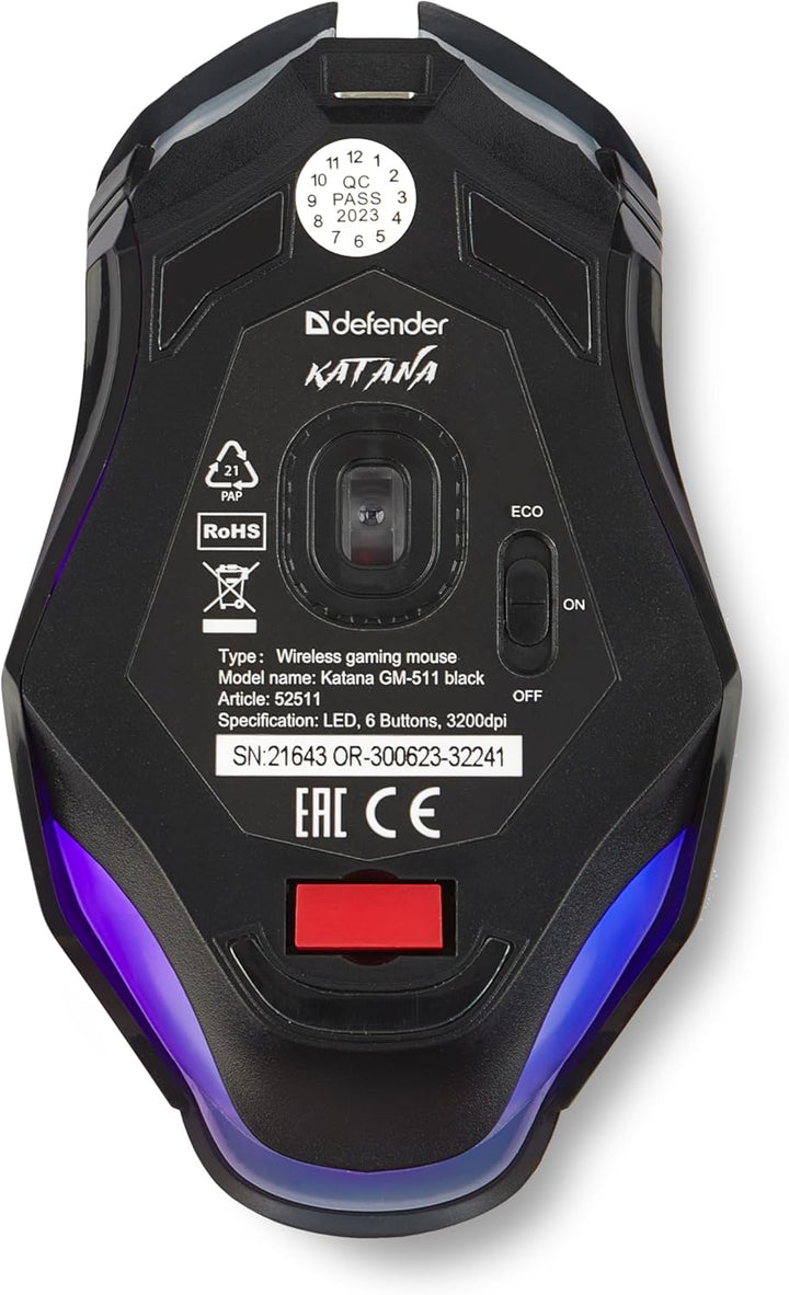 Defender® Katana Kabellose Gaming Maus - Geräuschlose Klicks - 5 programmierbare Tasten - RGB-Beleuc
