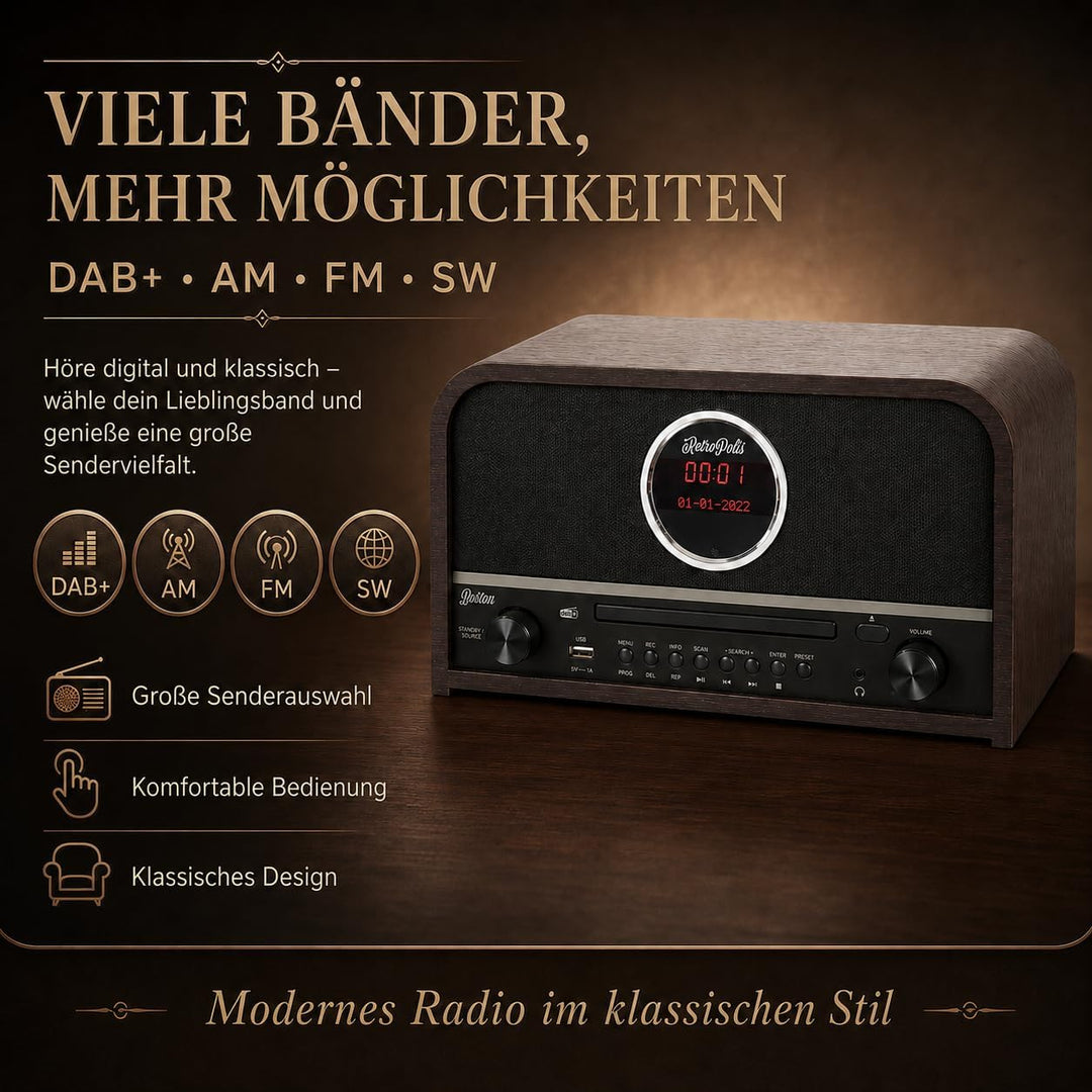 Retropolis Boston Wohnzimmer-Radio – Netzwerk DAB+ DIGITAL AM/FM USB-A Bluetooth CD LED – Vintage De