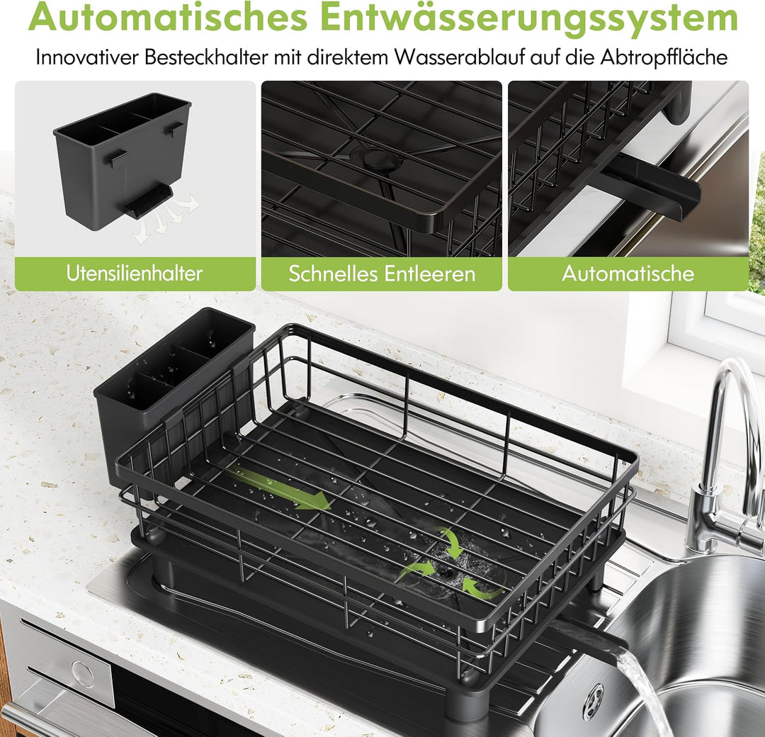 Boosiny Abtropfgestell Geschirr, Edelstahl-Geschirrabtropfgestell für Küchentheke mit Utensilienhalt