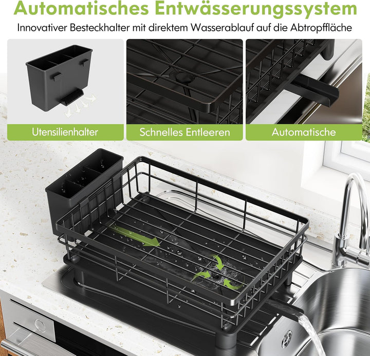 Boosiny Abtropfgestell Geschirr, Edelstahl-Geschirrabtropfgestell für Küchentheke mit Utensilienhalt