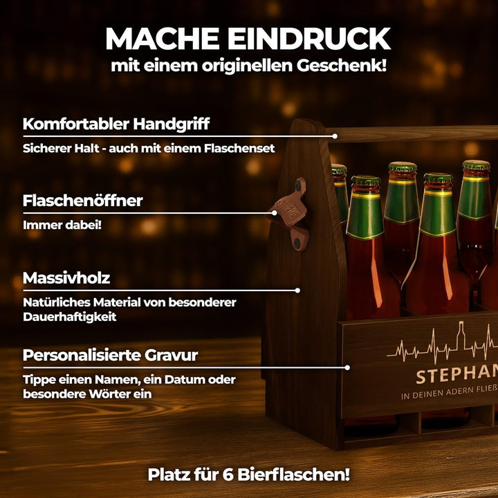 Maverton Bierträger für 6 Flaschen 0,5L + Gravur - Männerhandtasche mit Flaschenöffner - Grösse: 25x