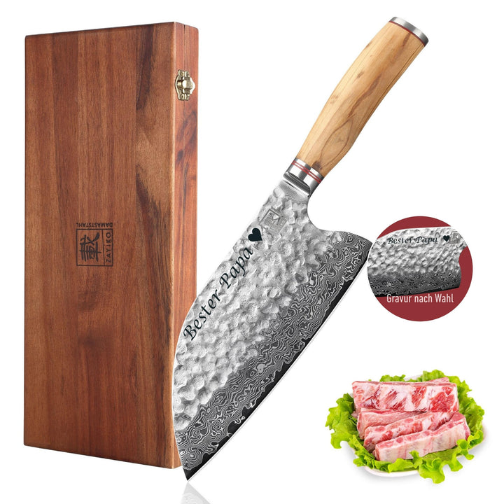 zayiko Minami Damast Chai Dao mit Gravur – Personalisiertes Chinesisches Kochmesser, 20cm Klinge aus