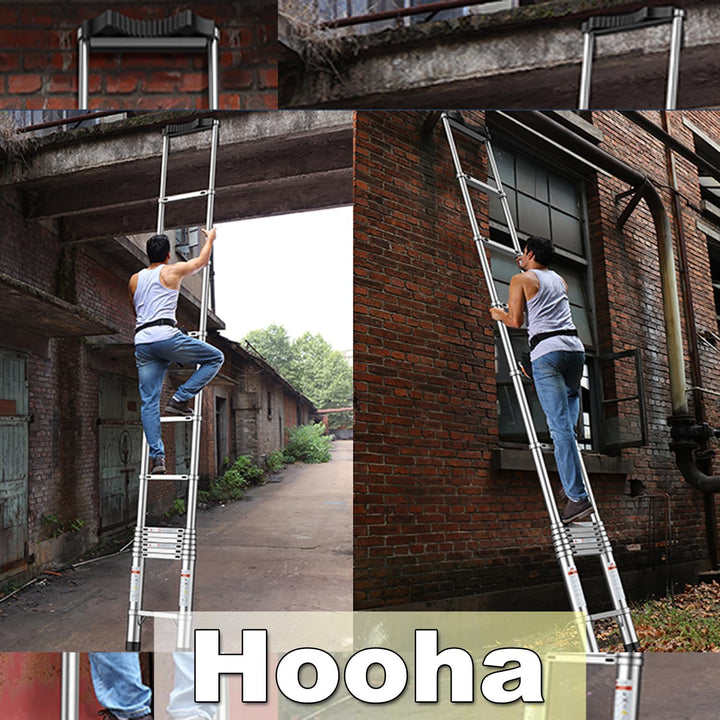 Hooha Ausziehleiter Teleskopleiter mit Anti-rutsch Gummipuffer 5,1M Klappleiter Tragbar Belastung 15