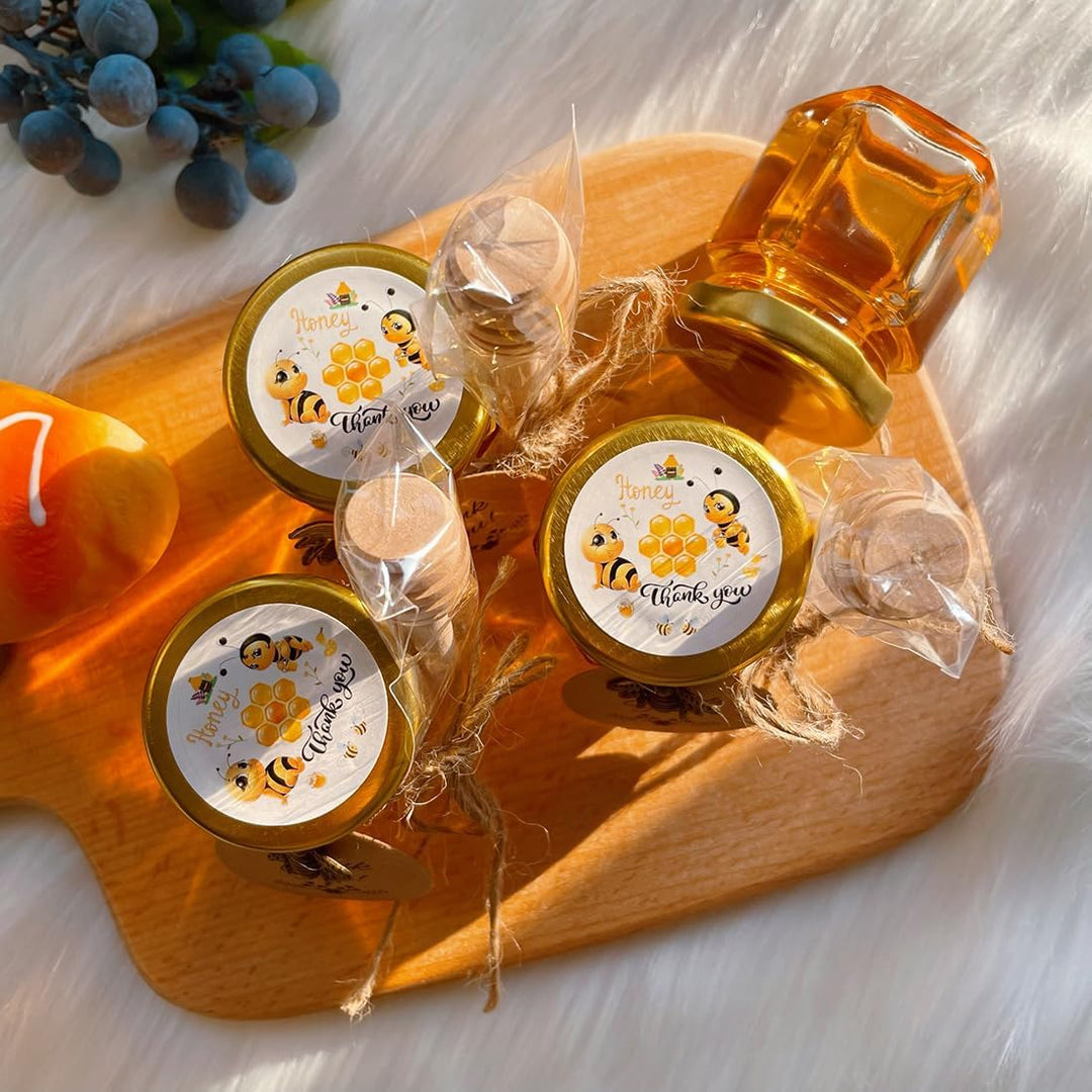 60 Pack 1.5 oz Hexagon Mini Glas Honig Gläser mit hölzernen Dippers, Bienen Anhänger, goldene Gesche