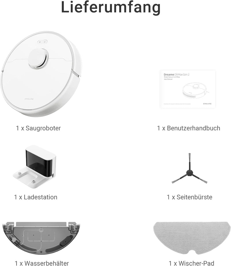 dreame D9 Max Gen2 Staubsaugerroboter, 6000Pa Saugroboter mit Wischfunktion, Bewegliche Bürste, Kart