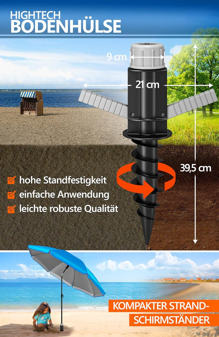 4smile Sonnenschirm Strand SunnyJoy als 3-IN-1 SET, Blau - UPF 50+ Strandschirm mit Bodenhülse & Sch