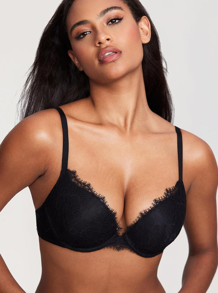 DOBREVA Damen Push Up BH mit Blumen Wimpern Spitze Sexy Bügel BHS Gepolstert 85D Schwarz, 85D Schwar