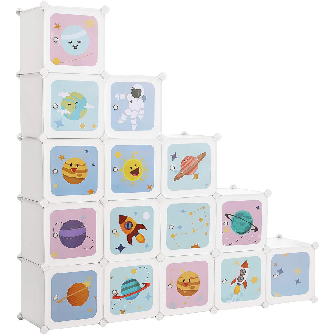 SONGMICS Regalsystem mit 15 Würfeln, Aufbewahrungsschrank für Kinder, Kleiderschrank mit Türen, Schu