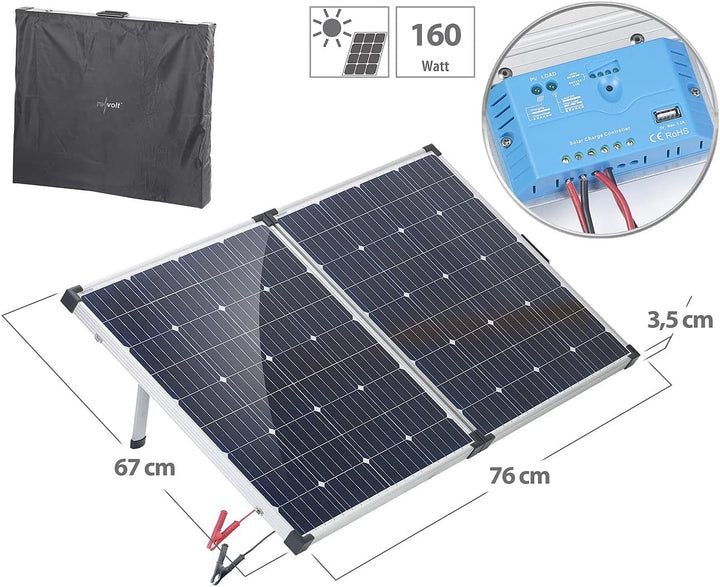 revolt Solar Camping: Faltbares mobiles 160W Solarpanel mit Laderegler 12V/10A mit USB (Solarkoffer