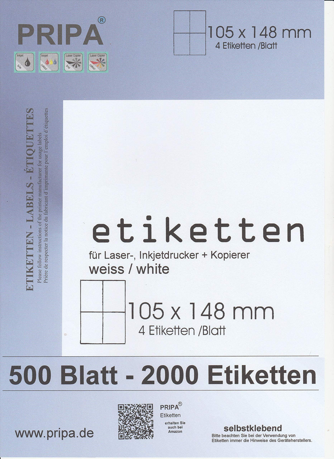 pripa Etikettenformat 105 x 148 mm, 500 Blatt Grosspackung DIN A4 selbstklebende Etiketten. 4 Etiket