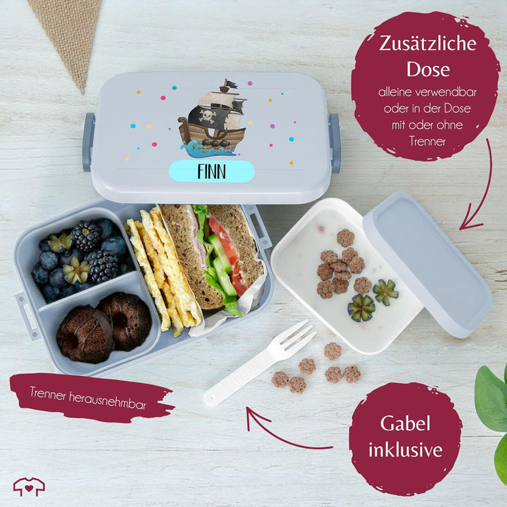 Shirtracer Mepal Lunchbox Kinder personalisiert Piratenschiff mit Name 3 Hellblau, 3 Hellblau