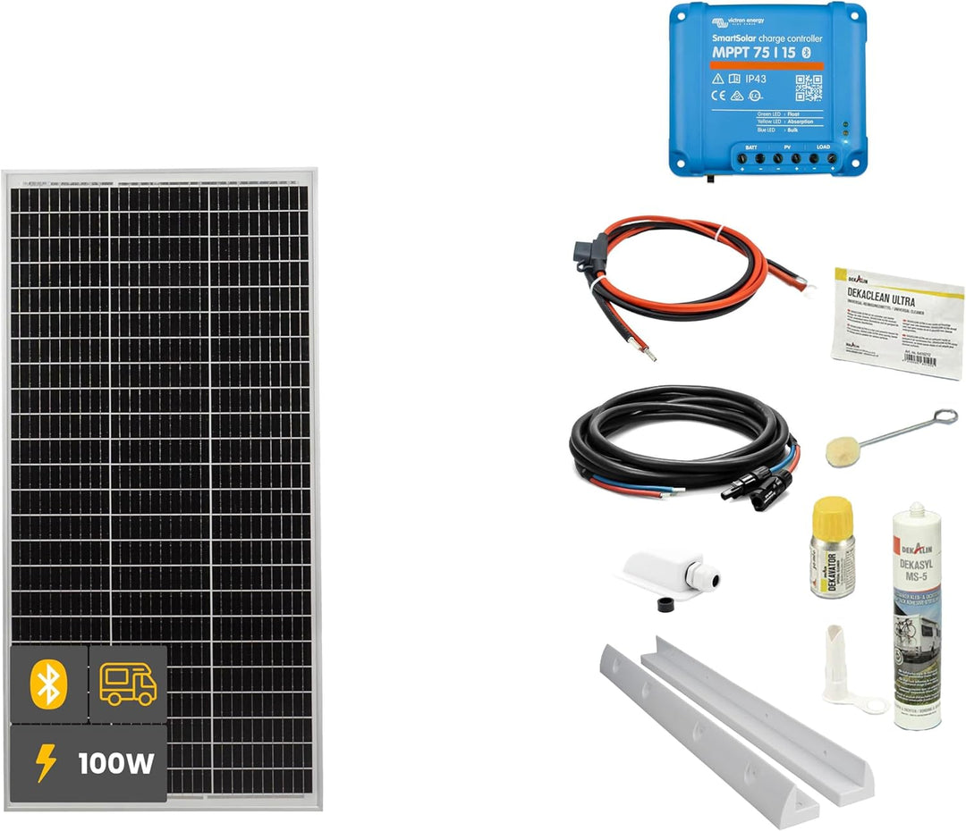 WATTSTUNDE SOLA Mono 100W Wohnmobil Solaranlage Komplett-Set, Victron MPPT Laderegler, Monokristalli