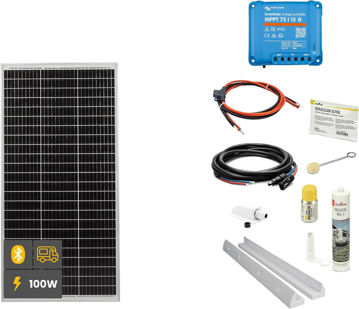 WATTSTUNDE SOLA Mono 100W Wohnmobil Solaranlage Komplett-Set, Victron MPPT Laderegler, Monokristalli
