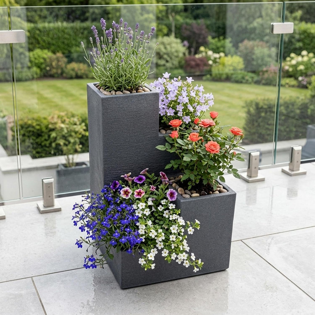 Spetebo 4er Blumentreppe in anthrazit - 60x40x40 cm - XXL Kunststoff Blumenkübel Pflanztrog eckig Pf