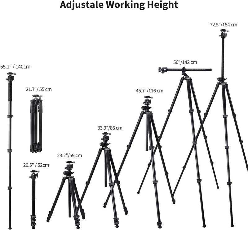 Cayer 72.5" Camera Tripod with Multi-Angle Center Column, Horizontal Tripod Monopod with Ball Head,