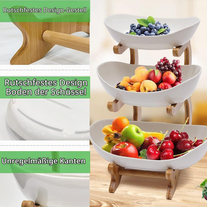 Obst Etagere Obstschale Keramik 3 Stöckig Porzellan Obstteller 3 Etagen mit Natürlichem Bambus Ständ
