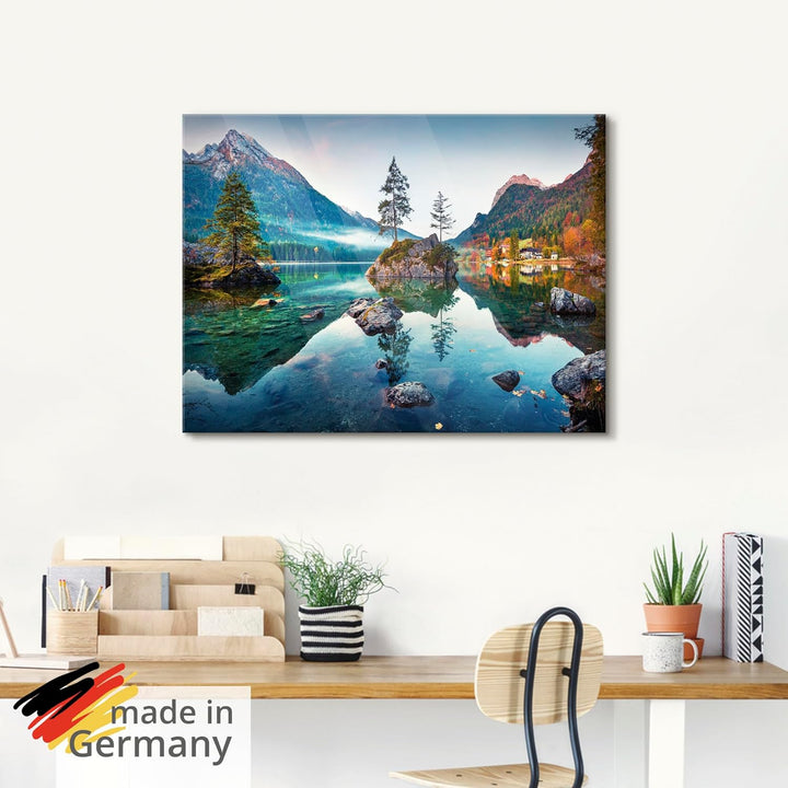 Glasbilder Wandbild Glas Bild einteilig 80x60 cm Querformat Landschaft Alpen Berge See Wald Natur Ge