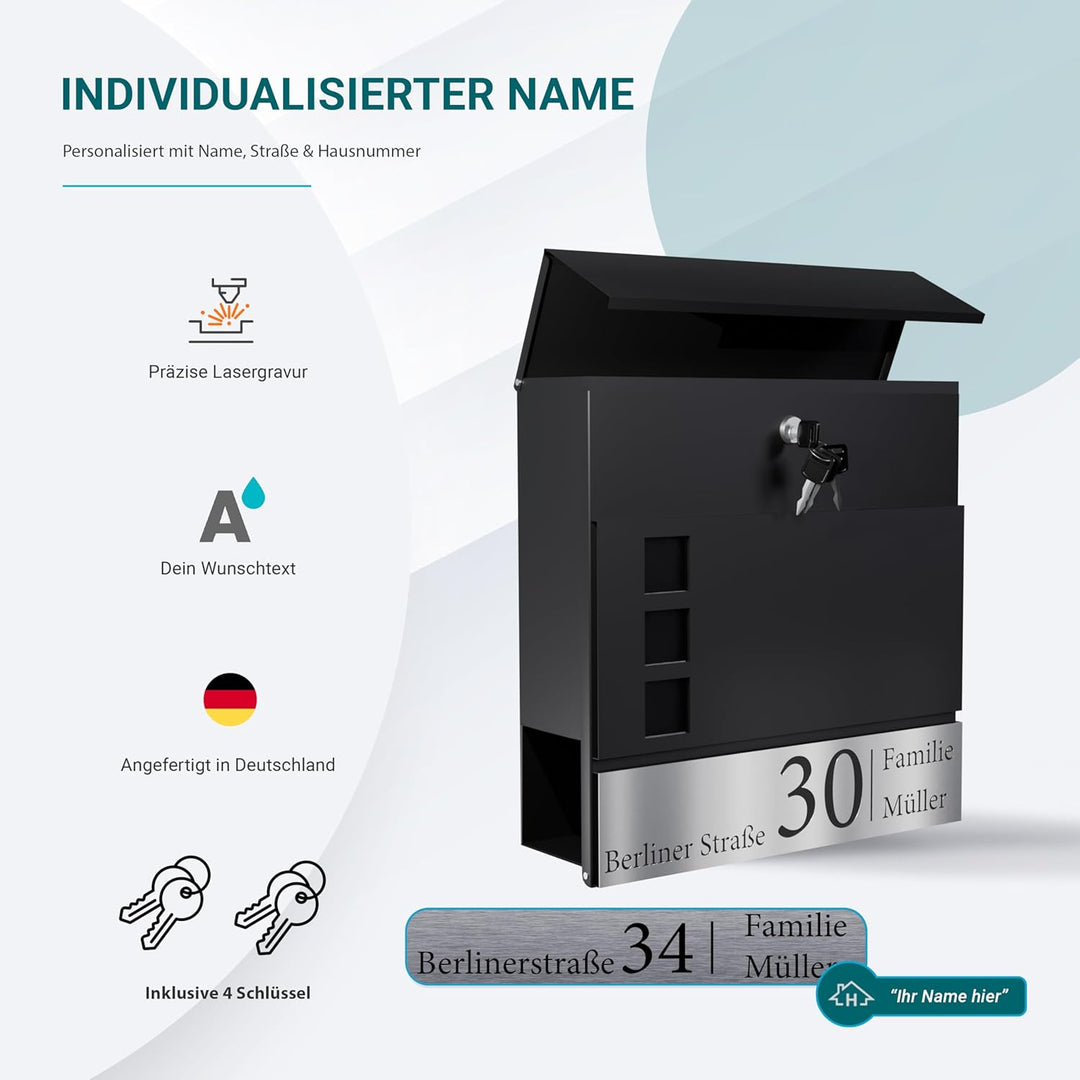 Bl4ckPrint Personalisierter Briefkasten mit Zeitungsfach Anthrazit Inkl. 4 Schlüssel - Postkasten pe