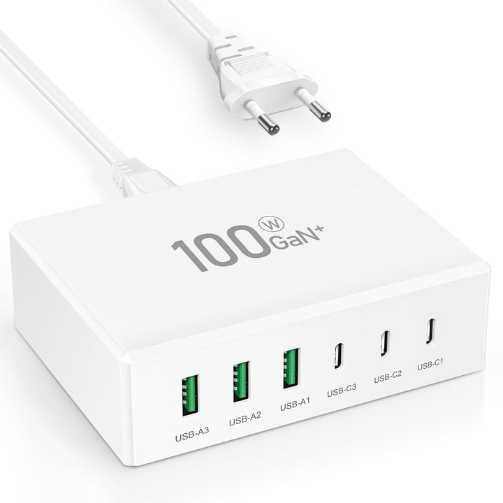 USB C Ladegerät, 100W 6-Port USB Ladegerät Mehrfach, Schnellladegerät PD 3.0, USB-C Ladestation für