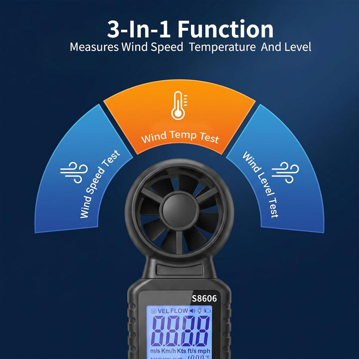 Handheld Digital Anemometer Windmesser 3 in 1, Temperatur- und Windchillanzeige, Luftstrom- und Luft
