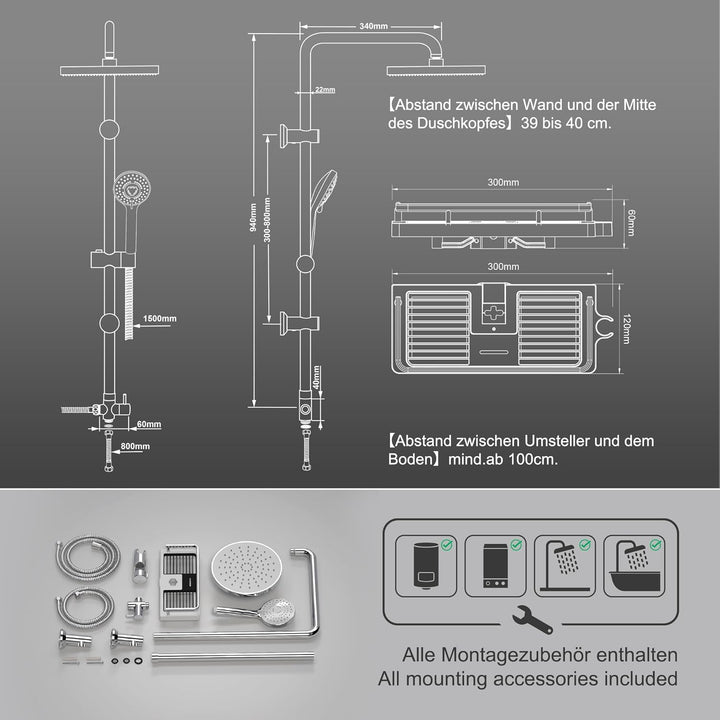 Görbach Regendusche Duschset ohne Armatur, Edelstahl Duschsystem mit Ablage, Duschstange set mit Kop