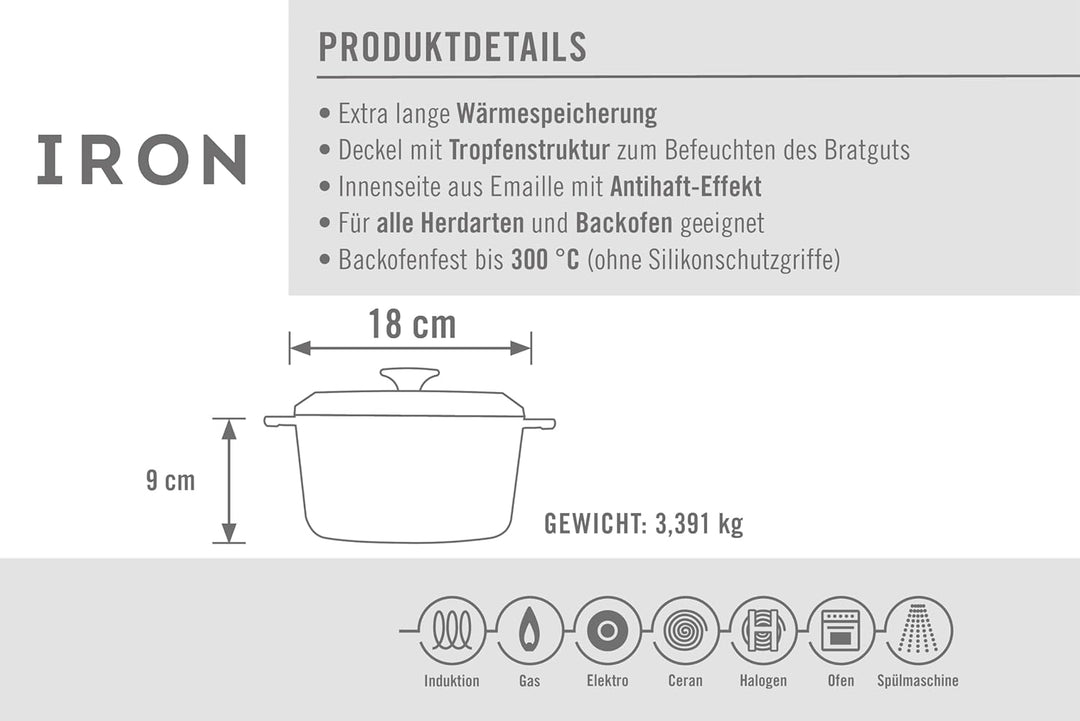 WOLL – Iron Gusstopf Ø 18 cm grau mit Deckel & Silikongriffen – emailliertes Gusseisen, induktionsge