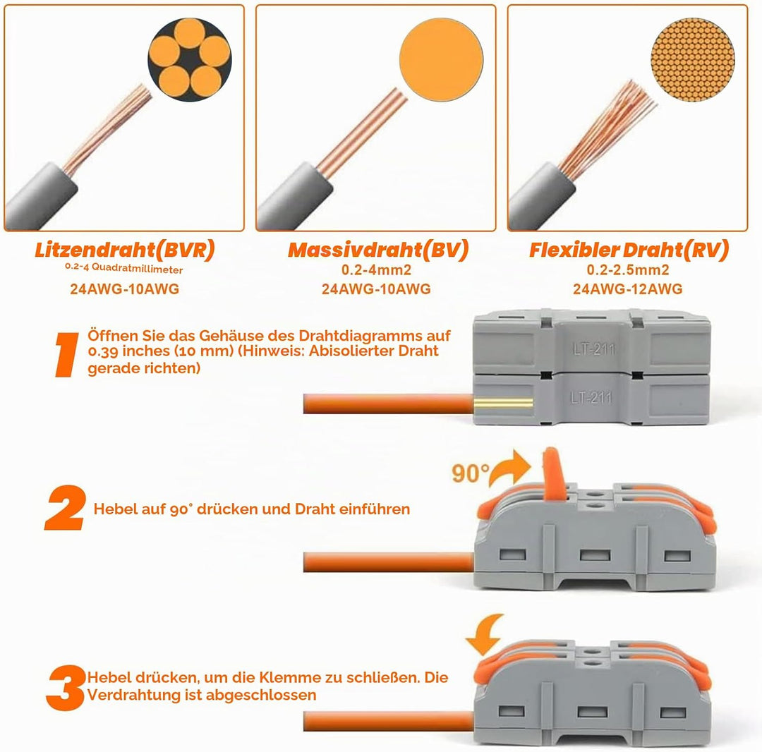 Kabelverbinder, 100 Stück Durchgangsverbinder, SPL-1 Kabelklemmen Elektro, 4mm² Leiter Klemme mit He