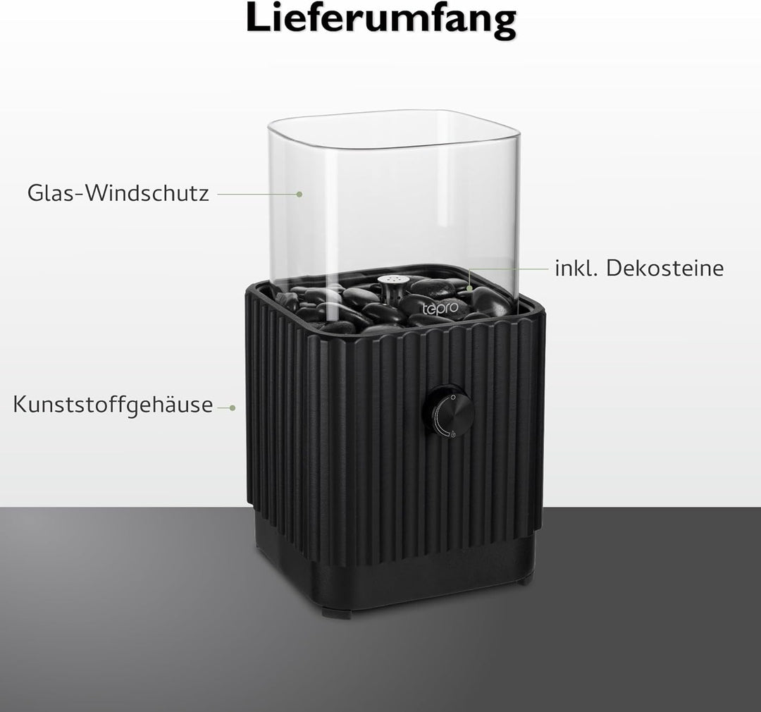 tepro Tisch-Gasfeuerstelle quadratisch mit Glasaufsatz, inkl. Dekosteine, Edelstahl-Brenner, kompakt