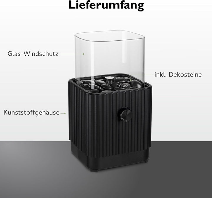 tepro Tisch-Gasfeuerstelle quadratisch mit Glasaufsatz, inkl. Dekosteine, Edelstahl-Brenner, kompakt